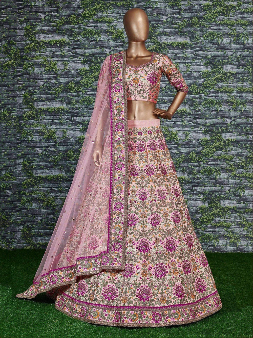 Tulsi Art Anushka Sharma Peach Embroidered Taffeta Silk Bridal Wear Lehenga Choli | Grocsy