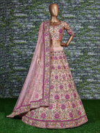Tulsi Art Anushka Sharma Peach Embroidered Taffeta Silk Bridal Wear Lehenga Choli | Grocsy