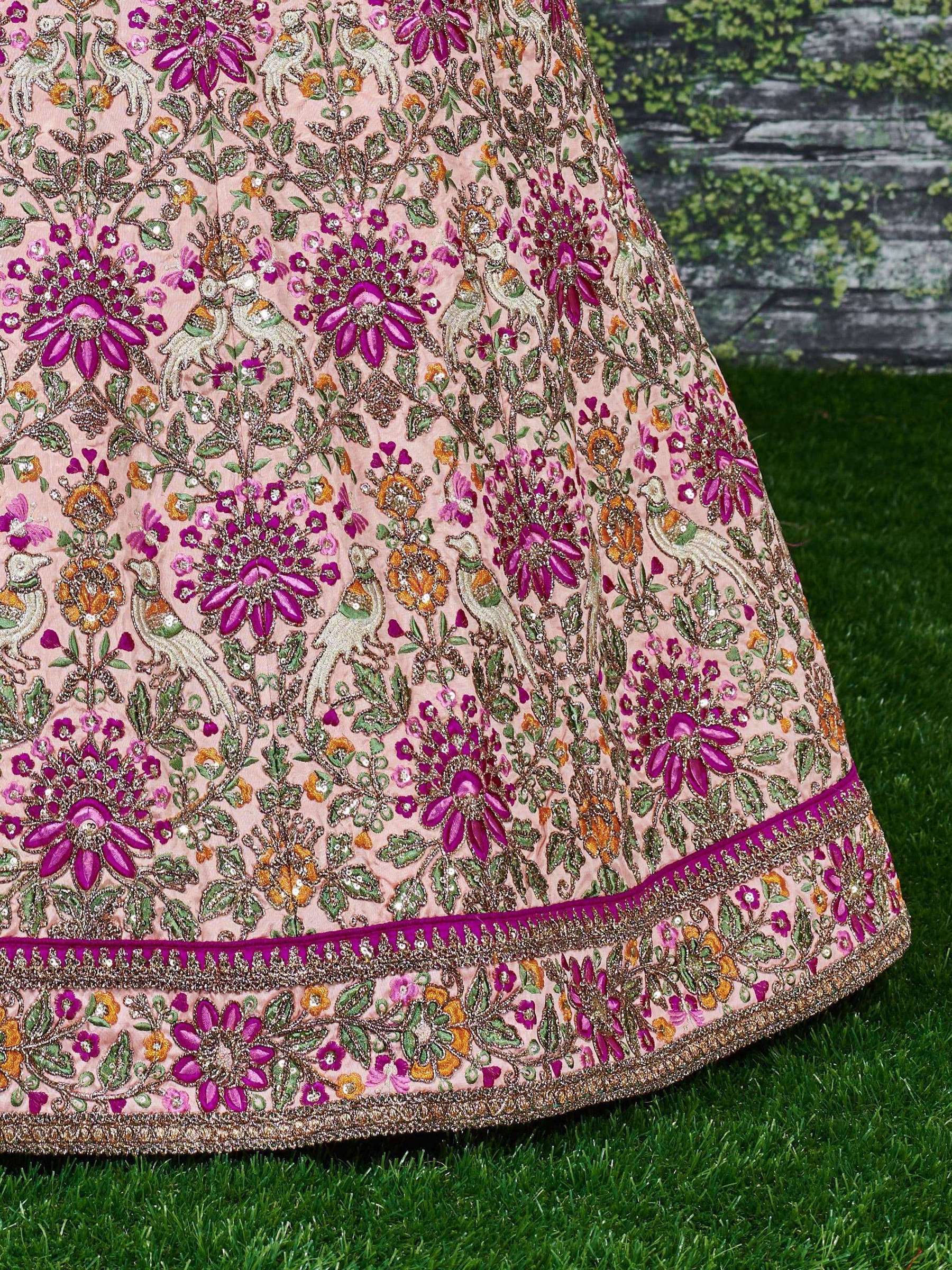 Tulsi Art Anushka Sharma Peach Embroidered Taffeta Silk Bridal Wear Lehenga Choli | Grocsy