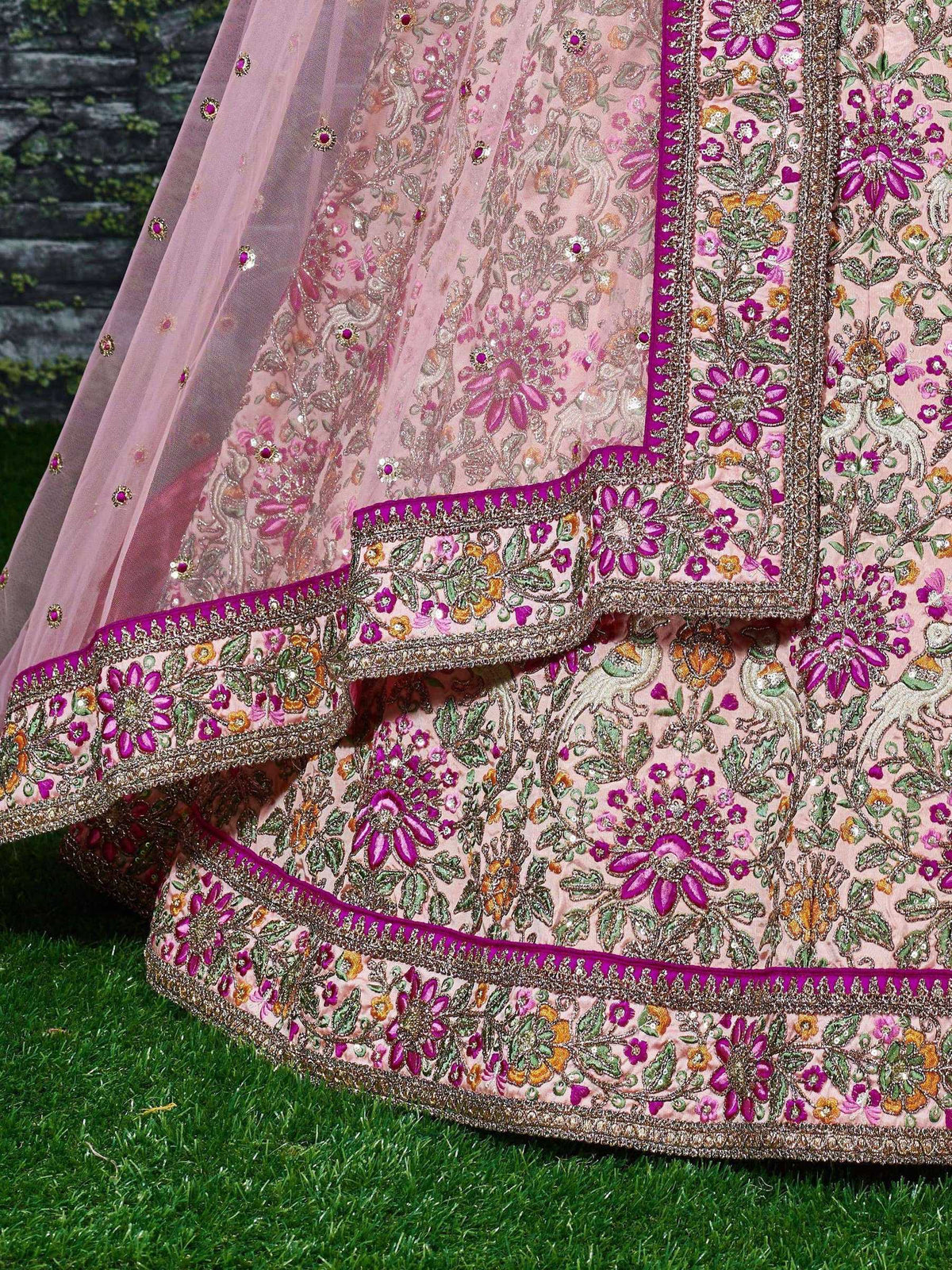 Tulsi Art Anushka Sharma Peach Embroidered Taffeta Silk Bridal Wear Lehenga Choli | Grocsy