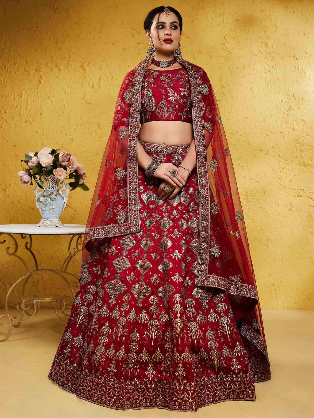 Tulsi Art Fascinating Red Embroidered Silk Bridal Lehenga Choli With Dupatta | Grocsy
