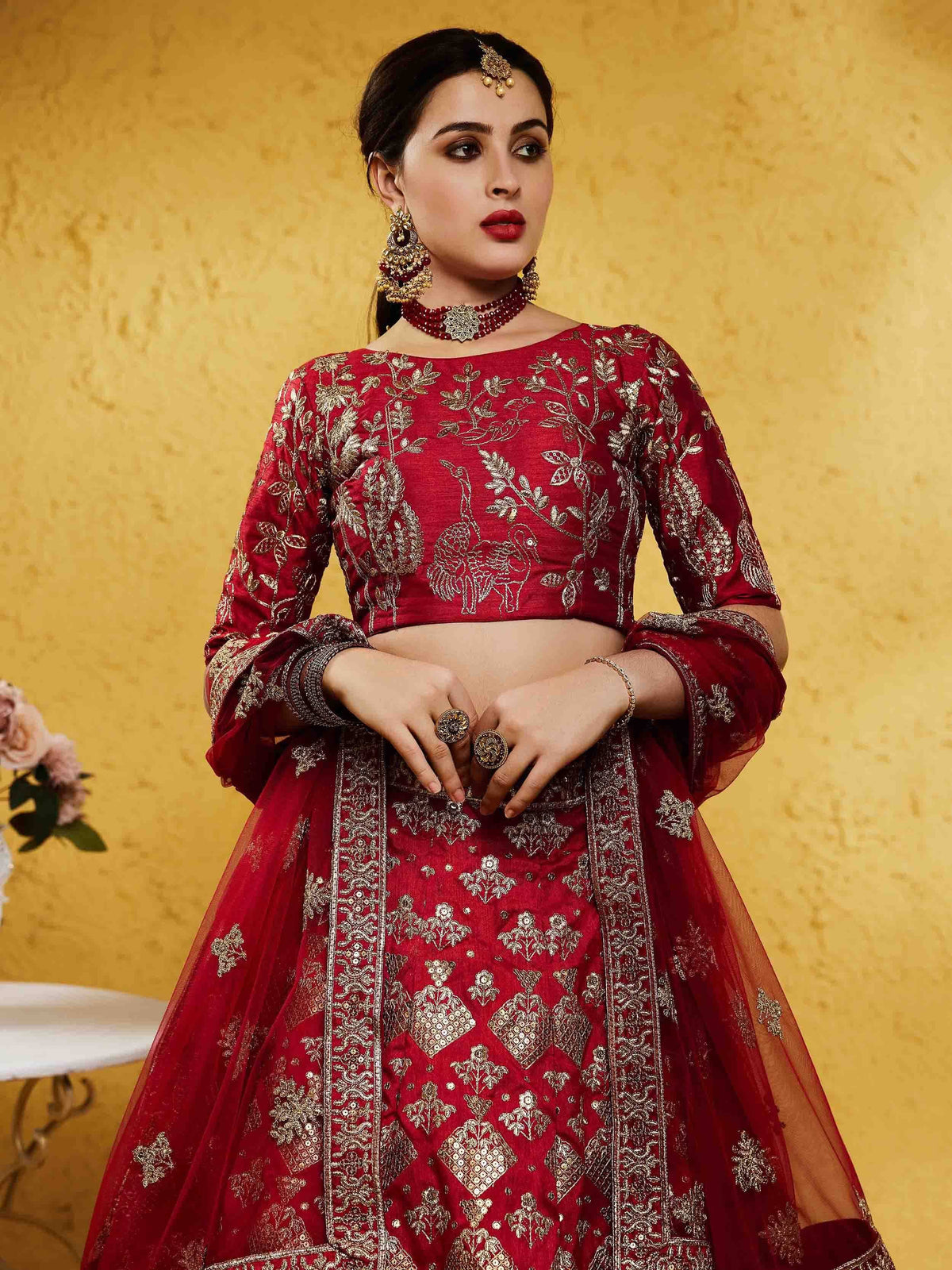 Tulsi Art Fascinating Red Embroidered Silk Bridal Lehenga Choli With Dupatta | Grocsy