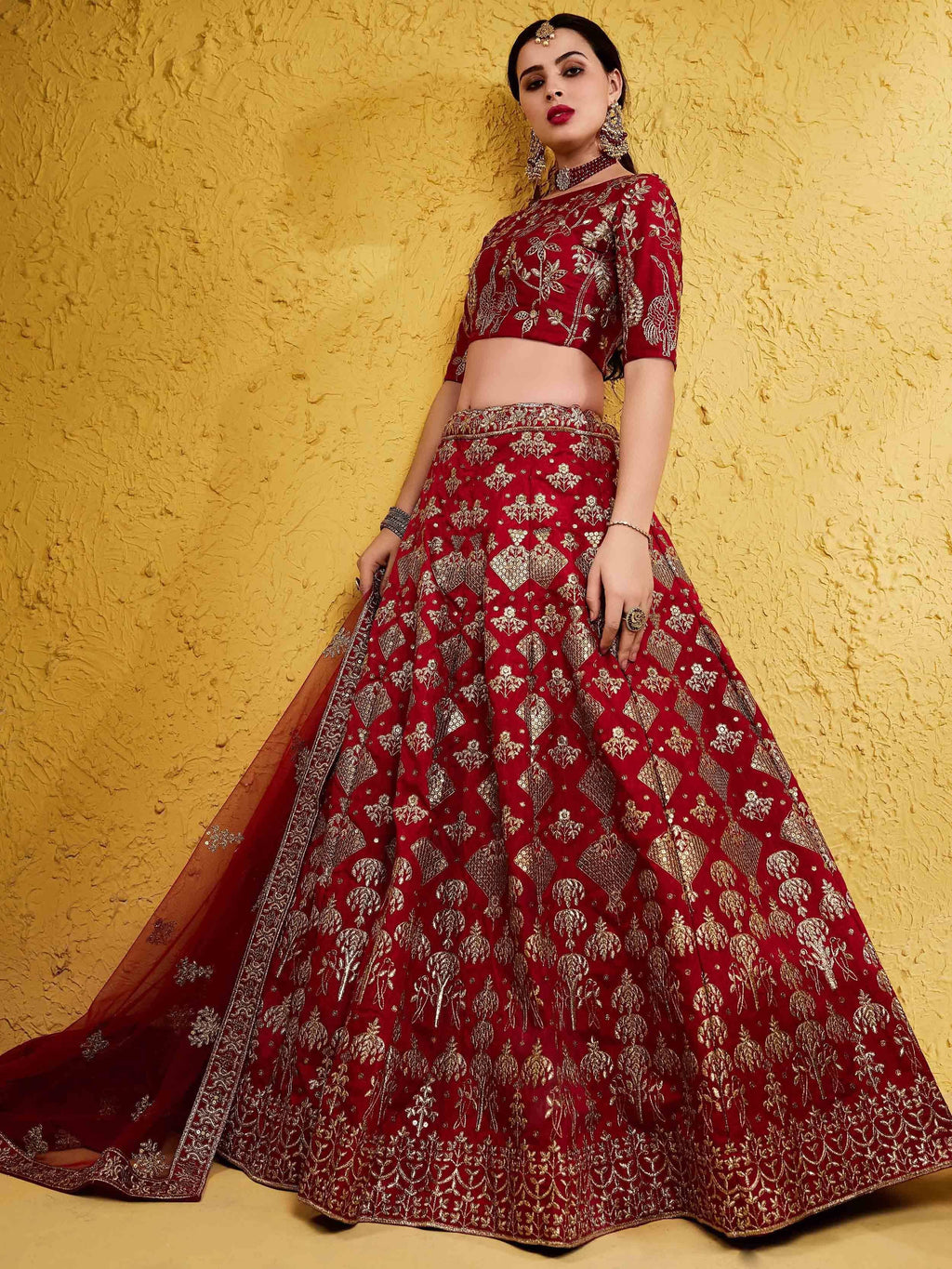 Tulsi Art Fascinating Red Embroidered Silk Bridal Lehenga Choli With Dupatta | Grocsy