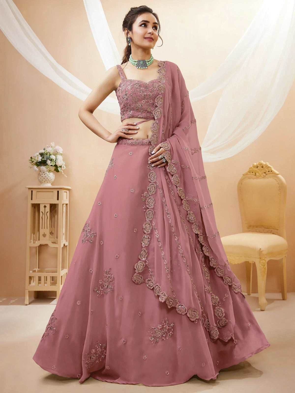 Tulsi Art Attractive Dusty Pink Sequins Georgette Party Wear Lehenga Choli | Grocsy