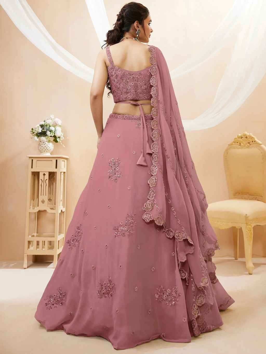 Tulsi Art Attractive Dusty Pink Sequins Georgette Party Wear Lehenga Choli | Grocsy