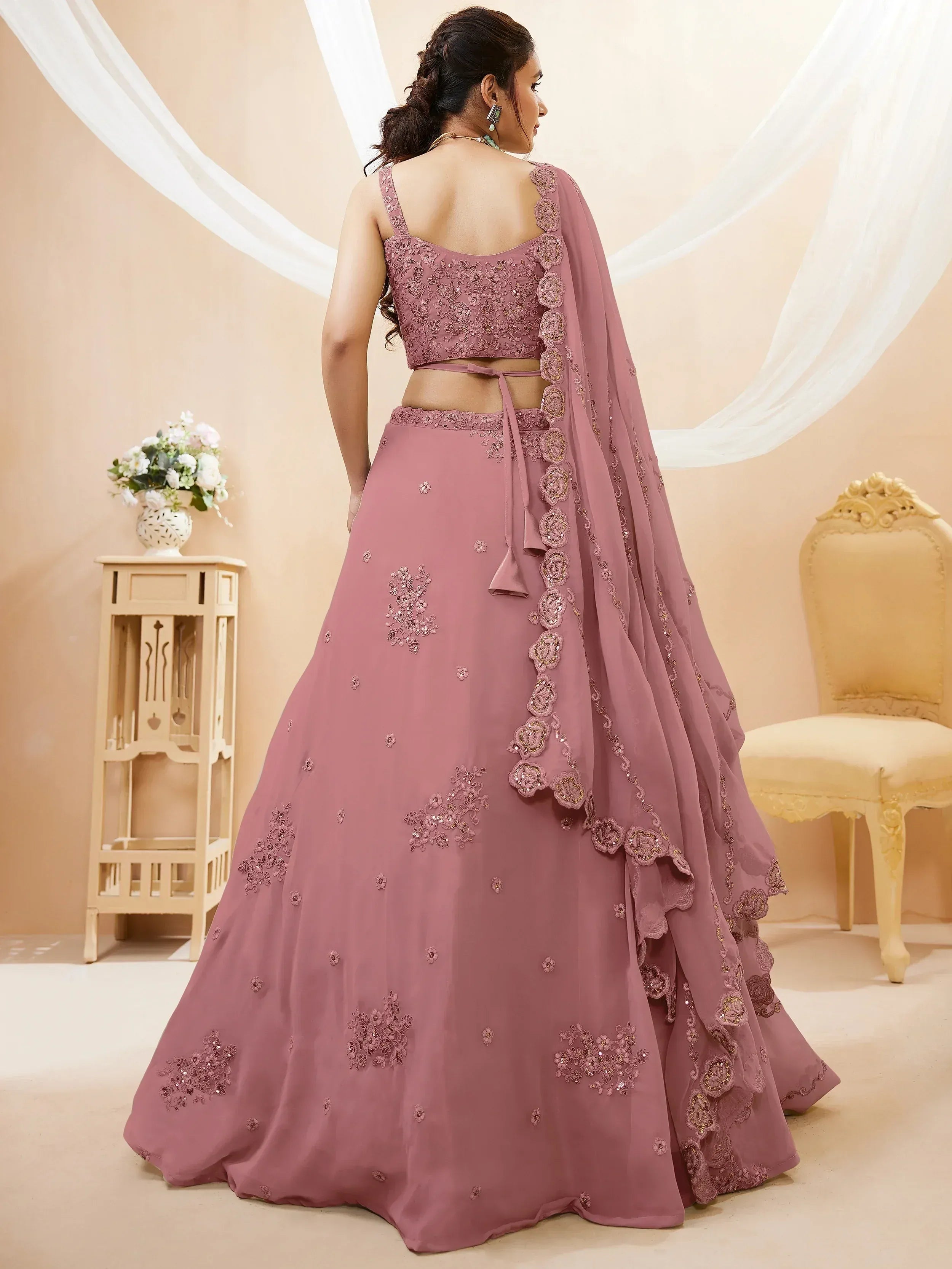 Tulsi Art Attractive Dusty Pink Sequins Georgette Party Wear Lehenga Choli | Grocsy