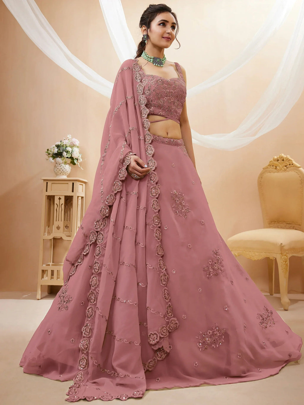 Tulsi Art Attractive Dusty Pink Sequins Georgette Party Wear Lehenga Choli | Grocsy