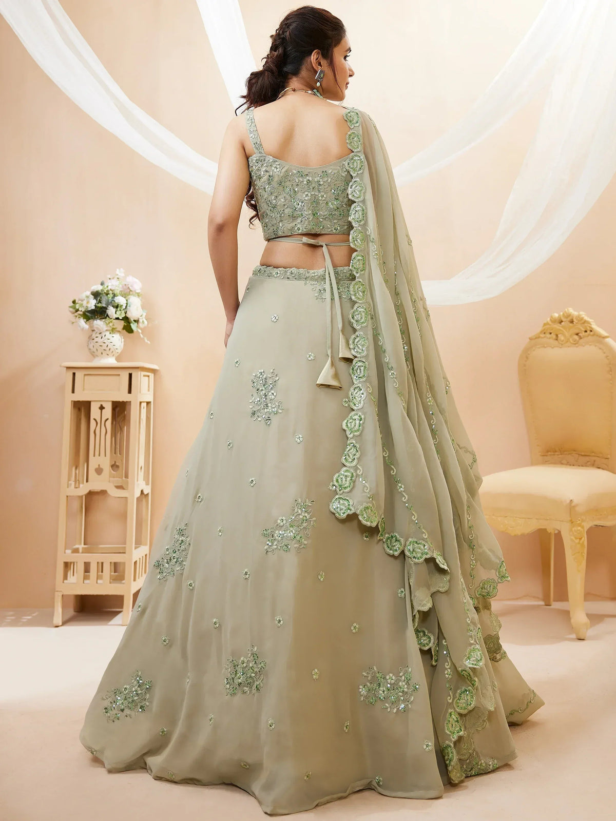 Tulsi Art Pretty Pista Green Sequins Georgette Engagement Wear Lehenga Choli | Grocsy