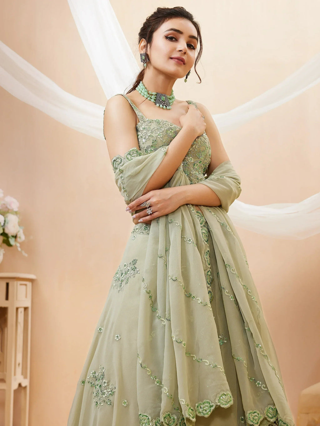 Tulsi Art Pretty Pista Green Sequins Georgette Engagement Wear Lehenga Choli | Grocsy