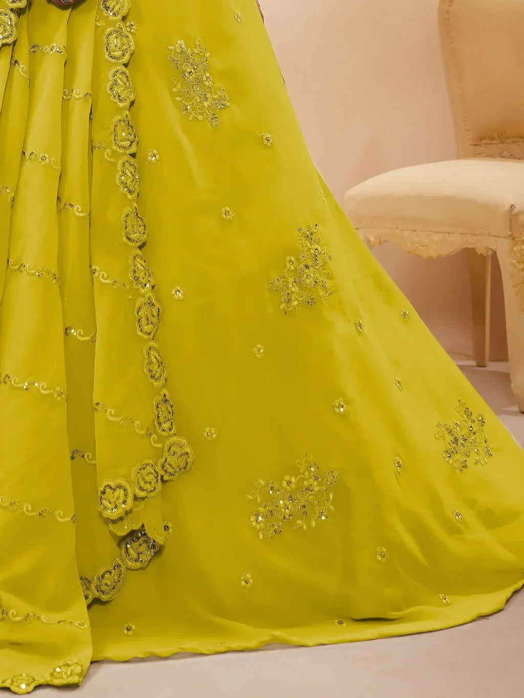 Tulsi Art Adorable Neon Yellow Sequins Georgette Wedding Wear Lehenga Choli | Grocsy