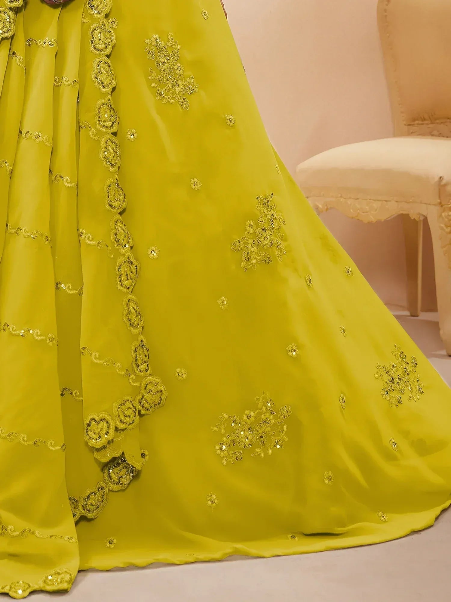 Tulsi Art Adorable Neon Yellow Sequins Georgette Wedding Wear Lehenga Choli | Grocsy