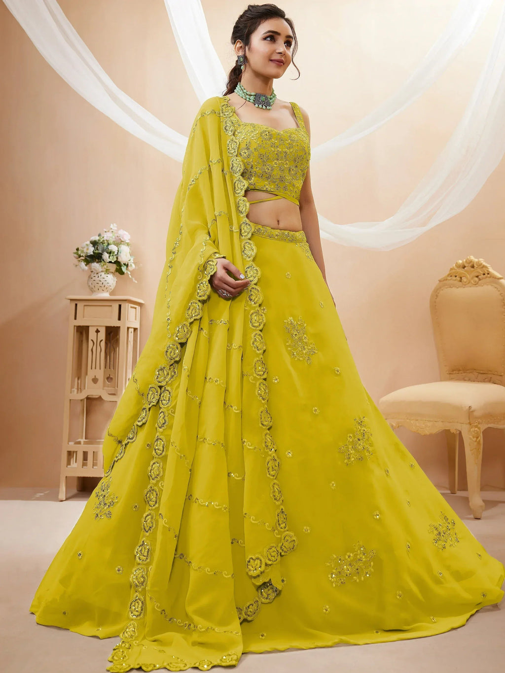 Tulsi Art Adorable Neon Yellow Sequins Georgette Wedding Wear Lehenga Choli | Grocsy