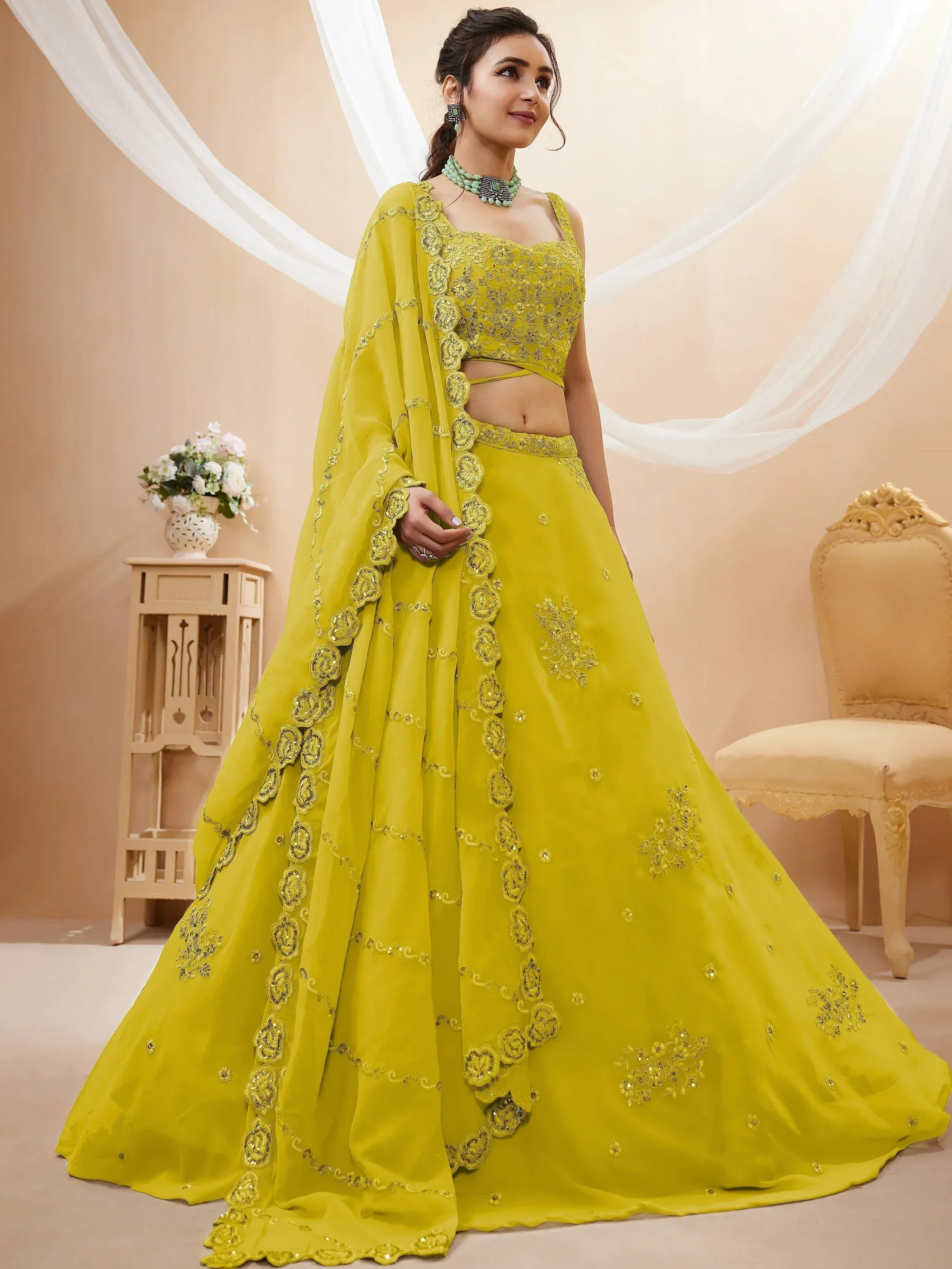 Tulsi Art Adorable Neon Yellow Sequins Georgette Wedding Wear Lehenga Choli | Grocsy