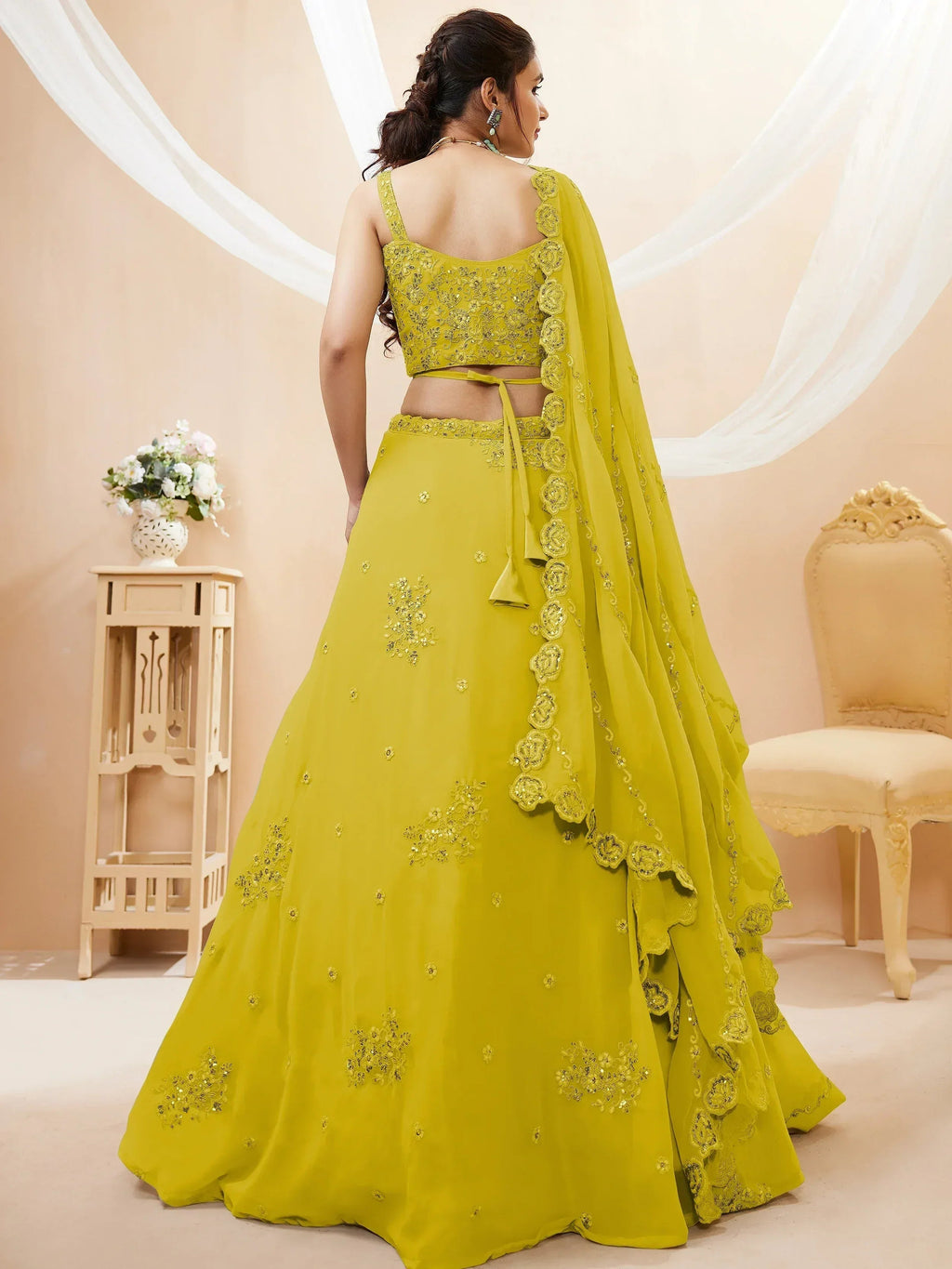 Tulsi Art Adorable Neon Yellow Sequins Georgette Wedding Wear Lehenga Choli | Grocsy
