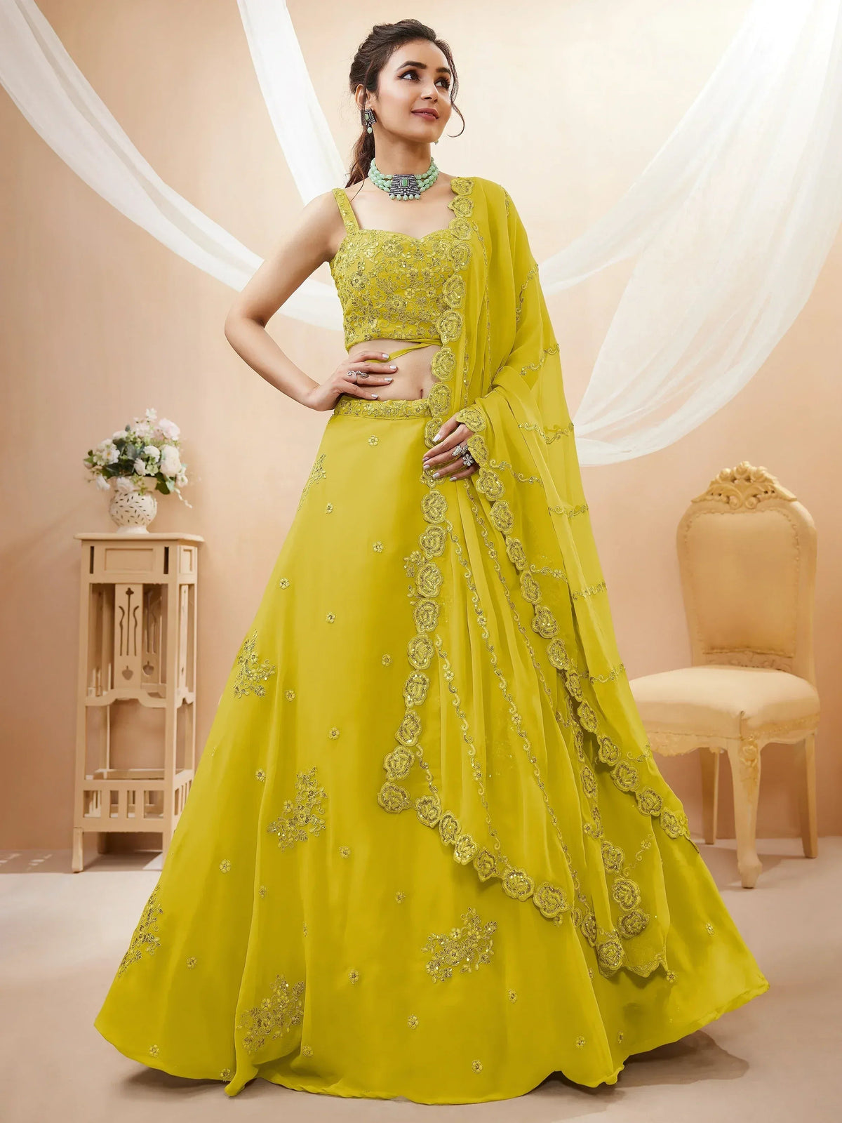 Tulsi Art Adorable Neon Yellow Sequins Georgette Wedding Wear Lehenga Choli | Grocsy