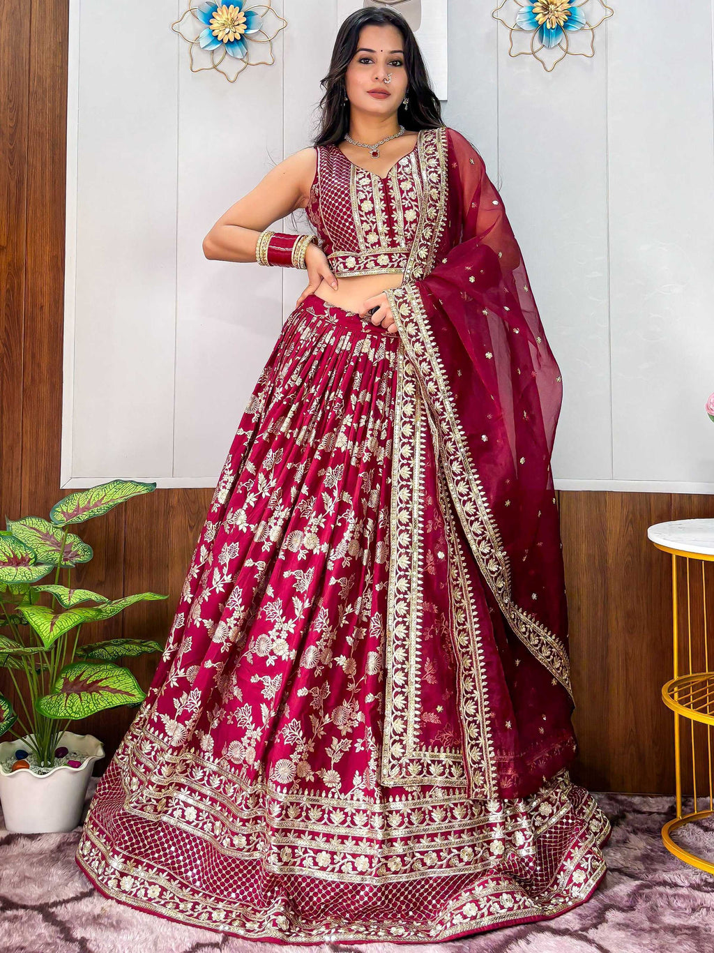 Tulsi Art Charming Maroon Zari Weaving Silk Wedding Lehenga Choli With Dupatta | Grocsy
