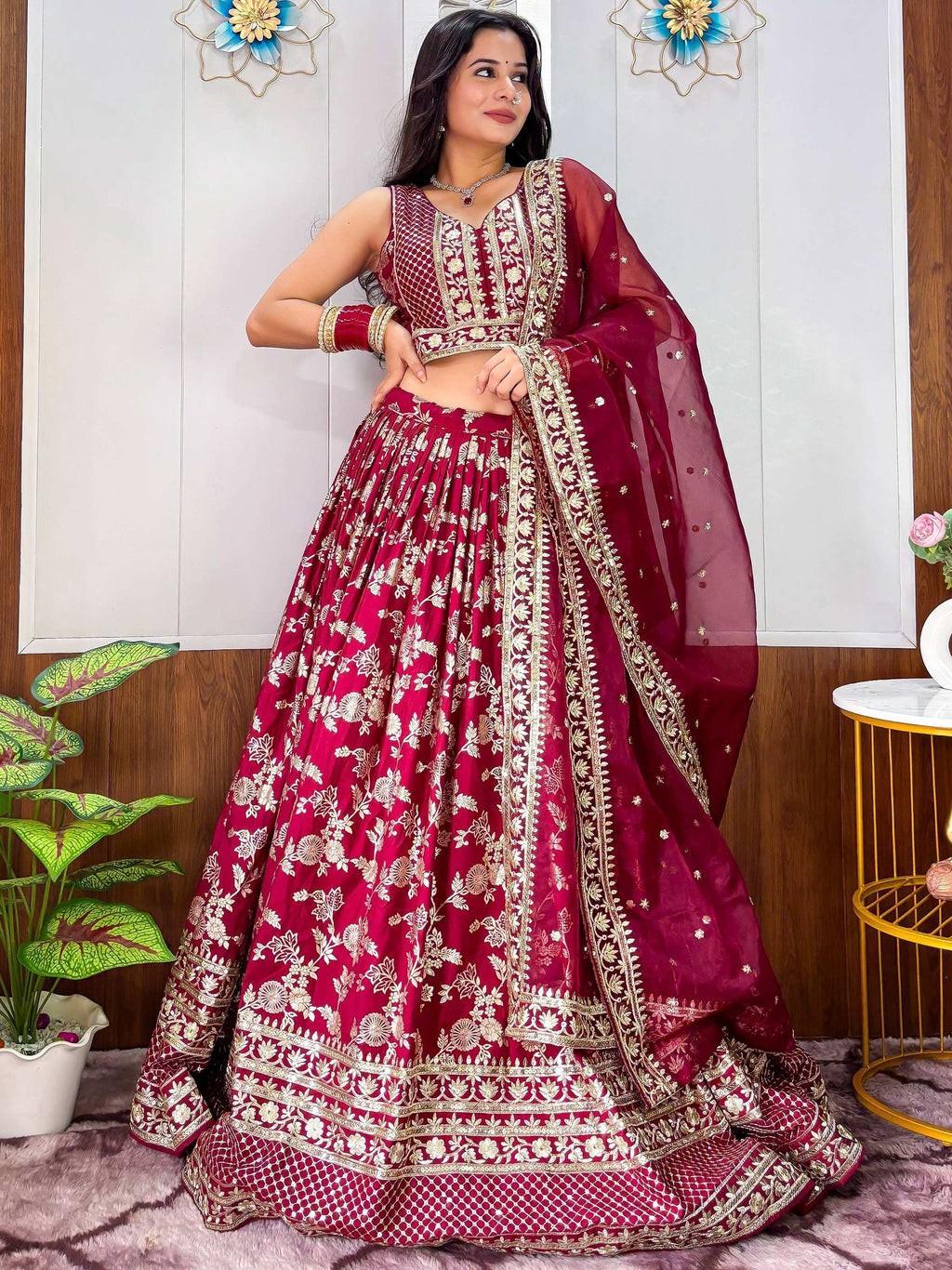 Tulsi Art Charming Maroon Zari Weaving Silk Wedding Lehenga Choli With Dupatta | Grocsy