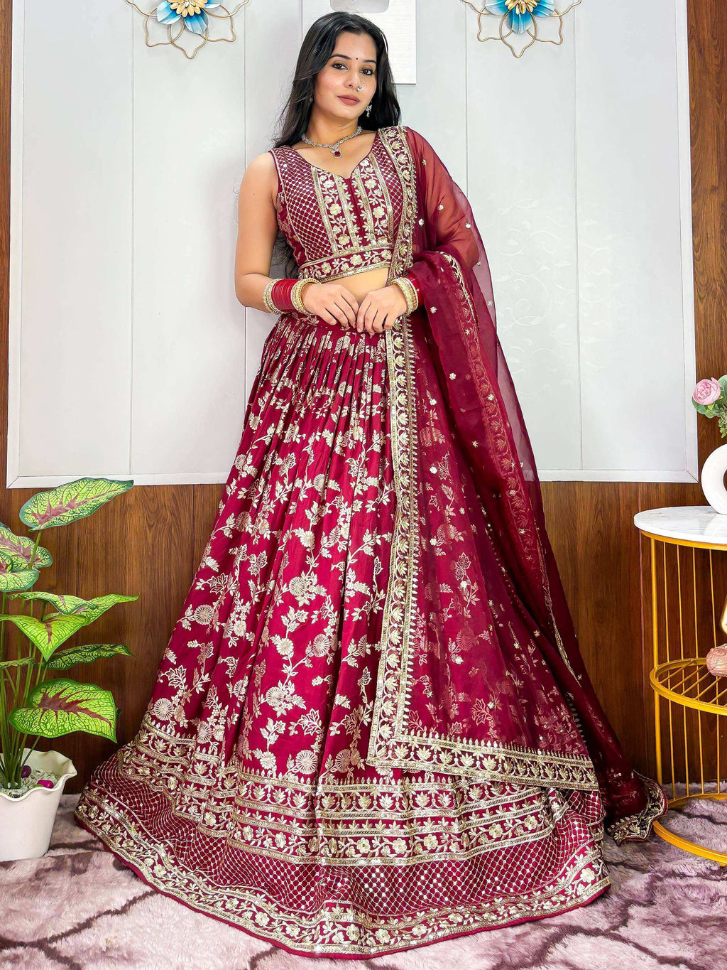 Tulsi Art Charming Maroon Zari Weaving Silk Wedding Lehenga Choli With Dupatta | Grocsy