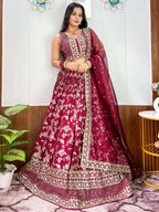 Tulsi Art Charming Maroon Zari Weaving Silk Wedding Lehenga Choli With Dupatta | Grocsy
