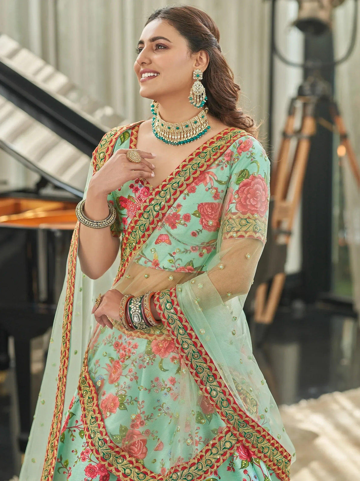 Tulsi Art Spectacular Mint Green Floral Printed Art Silk Lehenga Choli | Grocsy