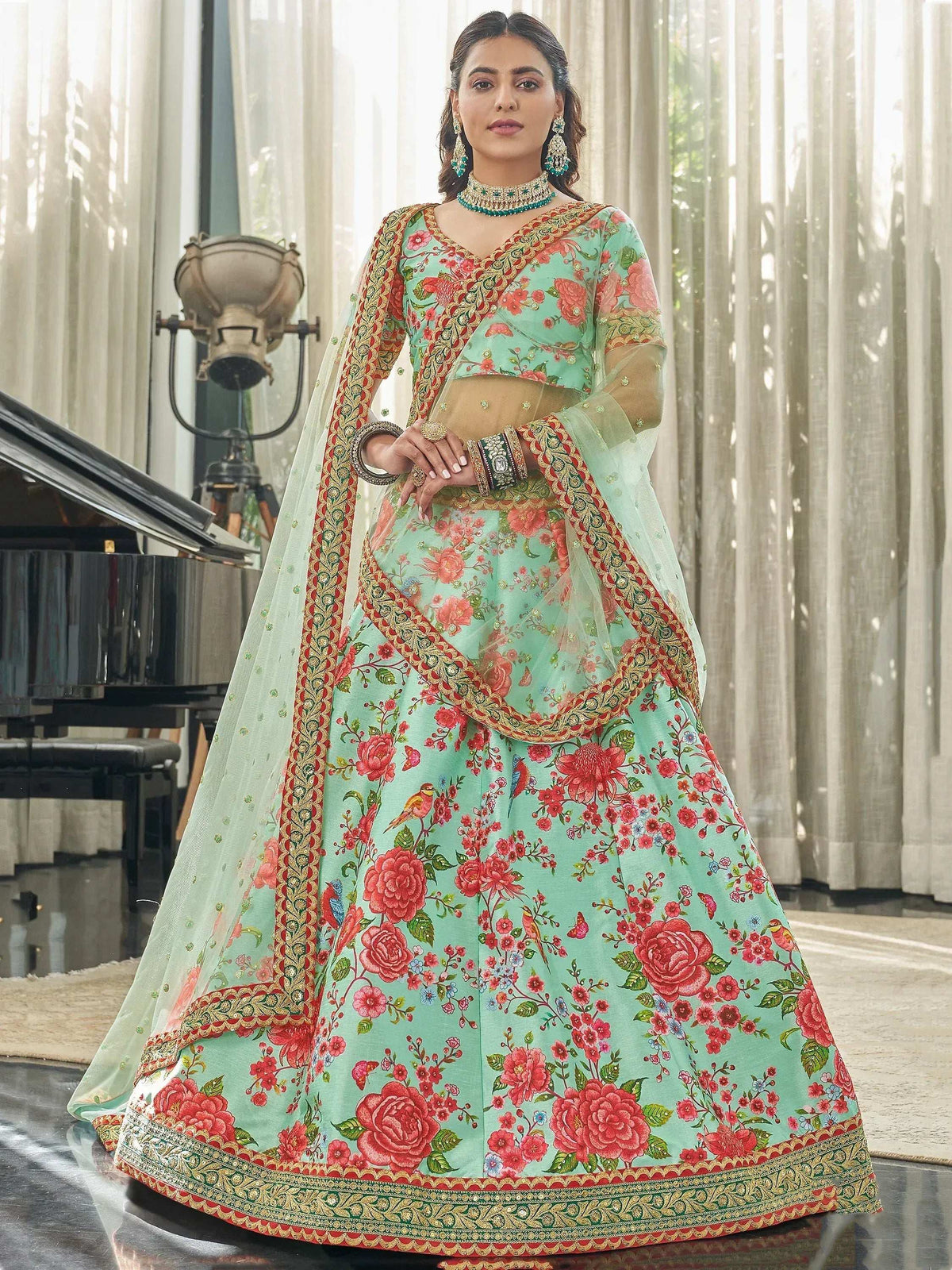 Tulsi Art Spectacular Mint Green Floral Printed Art Silk Lehenga Choli | Grocsy