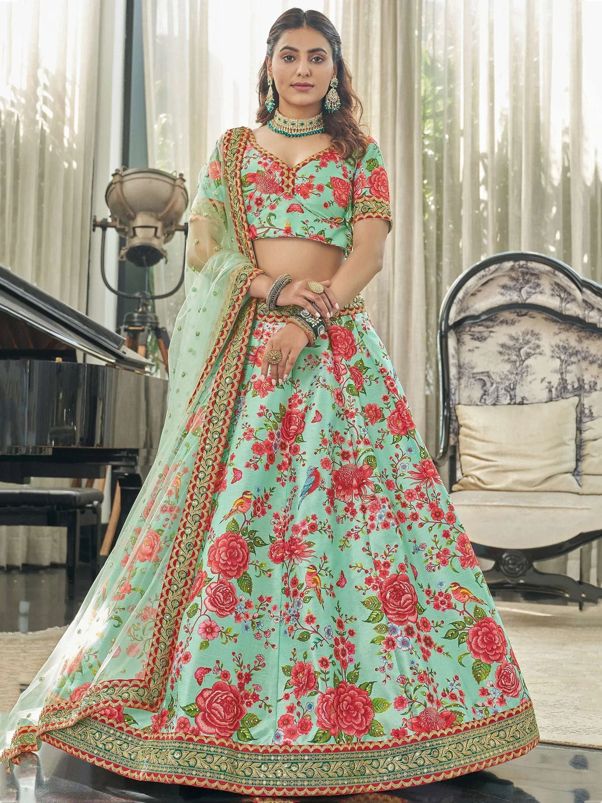 Tulsi Art Spectacular Mint Green Floral Printed Art Silk Lehenga Choli | Grocsy