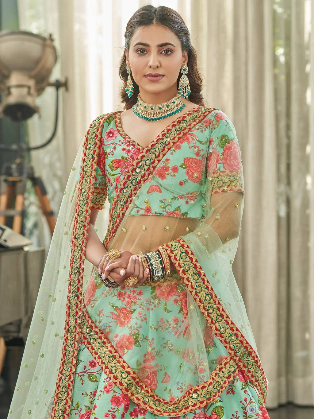Tulsi Art Spectacular Mint Green Floral Printed Art Silk Lehenga Choli | Grocsy