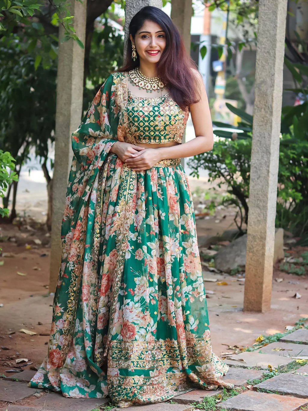 Tulsi Art Attractive Green Floral Printed Organza Wedding Wear Lehenga Choli | Grocsy
