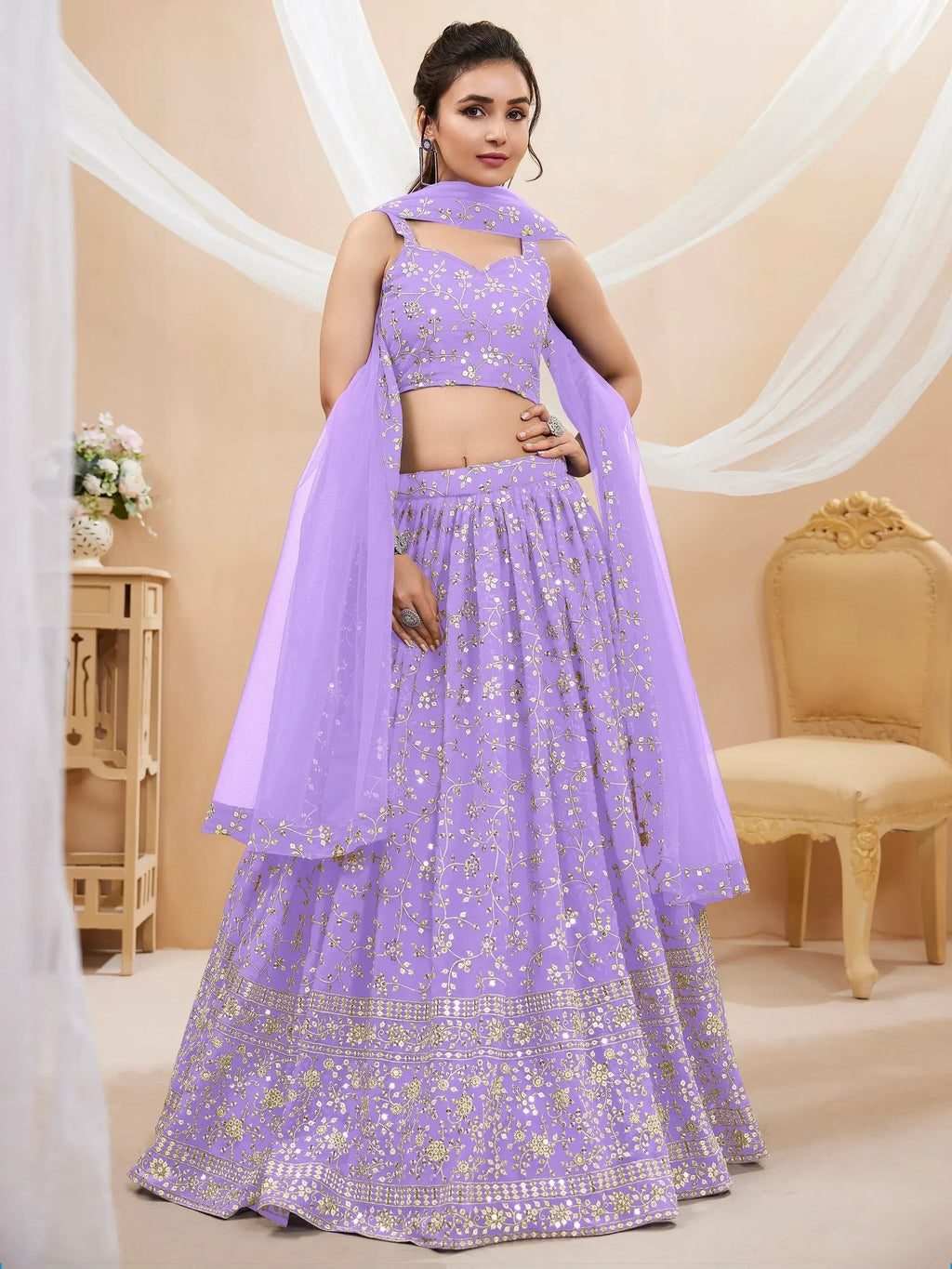 Tulsi Art Enchanting Lavender Sequins Georgette Lehenga Choli With Dupatta | Grocsy