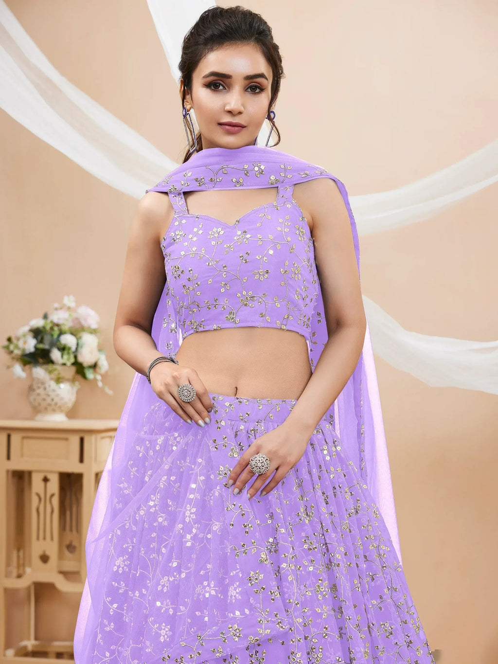 Tulsi Art Enchanting Lavender Sequins Georgette Lehenga Choli With Dupatta | Grocsy