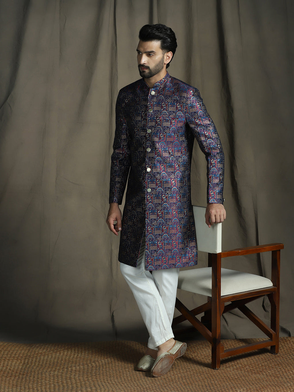 Zavaya Navy Blue Embroidery Jacquard Sherwani Pyjama Set for Men | Grocsy