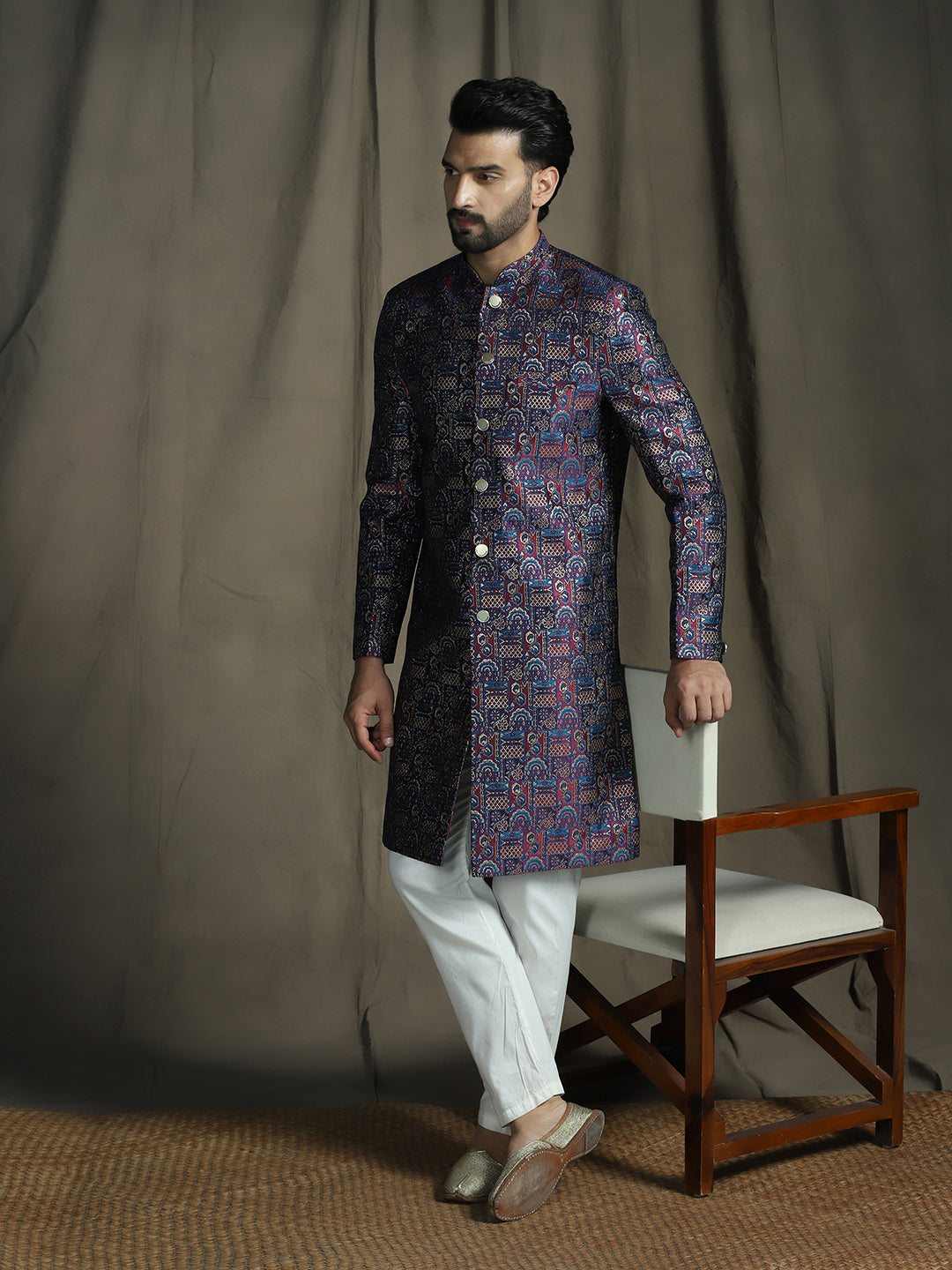 Zavaya Navy Blue Embroidery Jacquard Sherwani Pyjama Set for Men | Grocsy