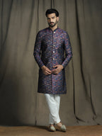 Zavaya Navy Blue Embroidery Jacquard Sherwani Pyjama Set for Men | Grocsy