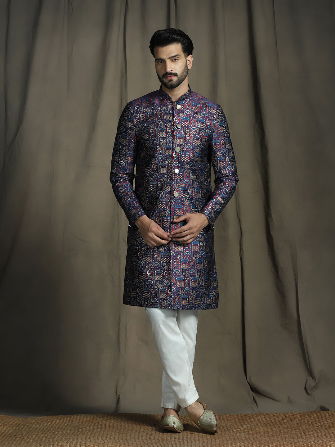 Zavaya Navy Blue Embroidery Jacquard Sherwani Pyjama Set for Men | Grocsy