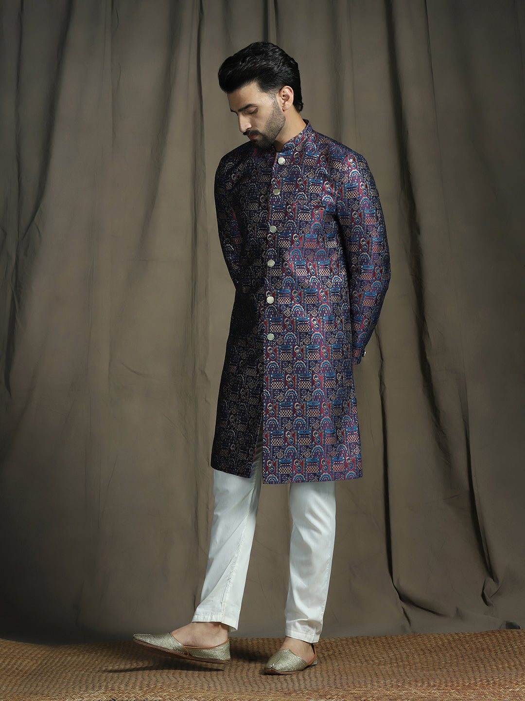 Zavaya Navy Blue Embroidery Jacquard Sherwani Pyjama Set for Men | Grocsy