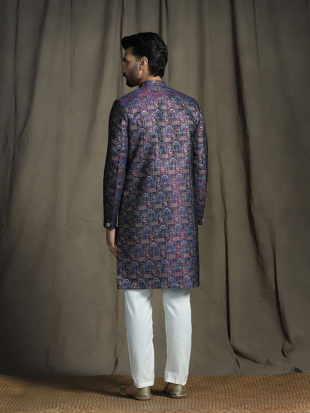 Zavaya Navy Blue Embroidery Jacquard Sherwani Pyjama Set for Men | Grocsy