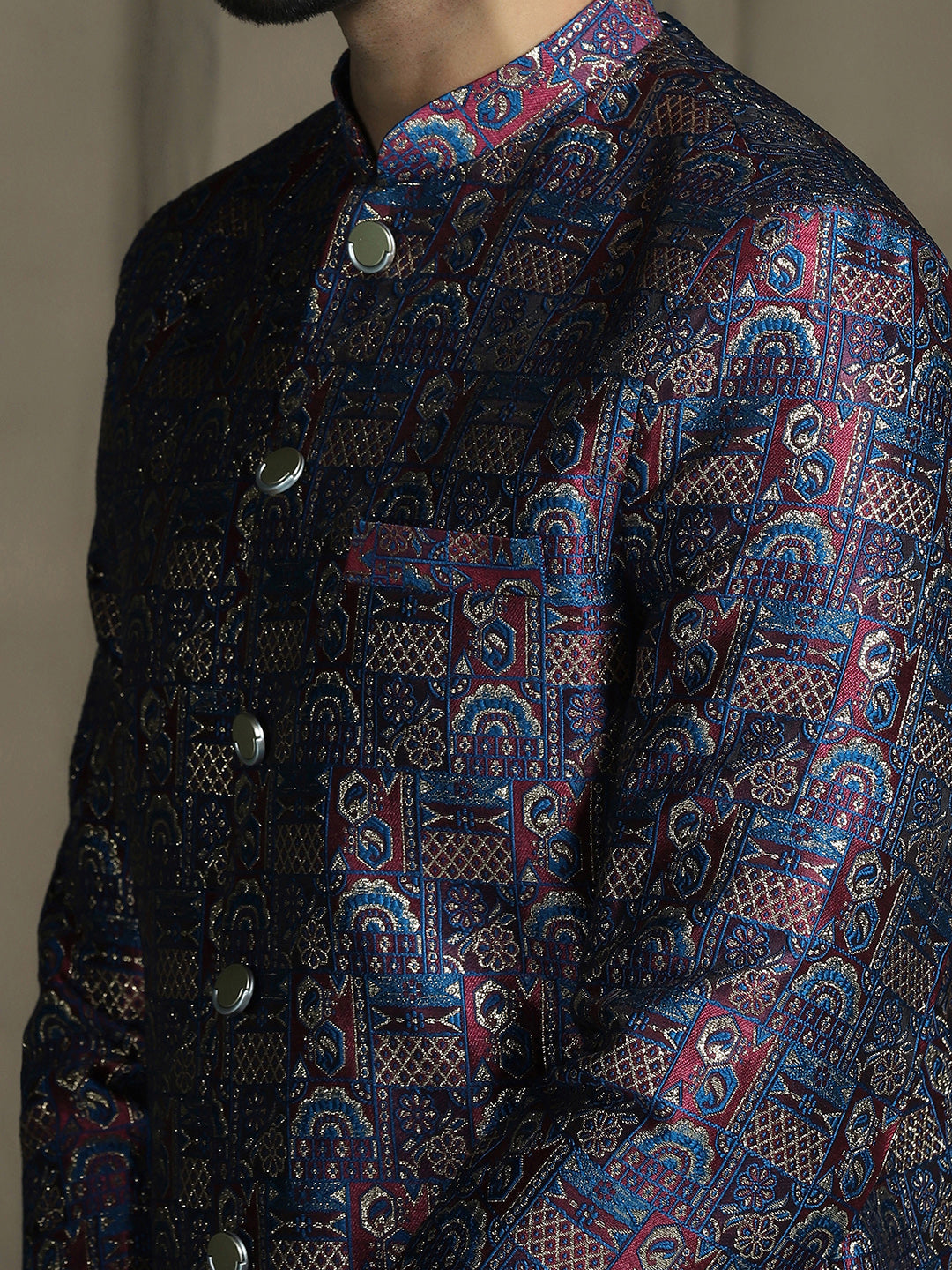 Zavaya Navy Blue Embroidery Jacquard Sherwani Pyjama Set for Men | Grocsy