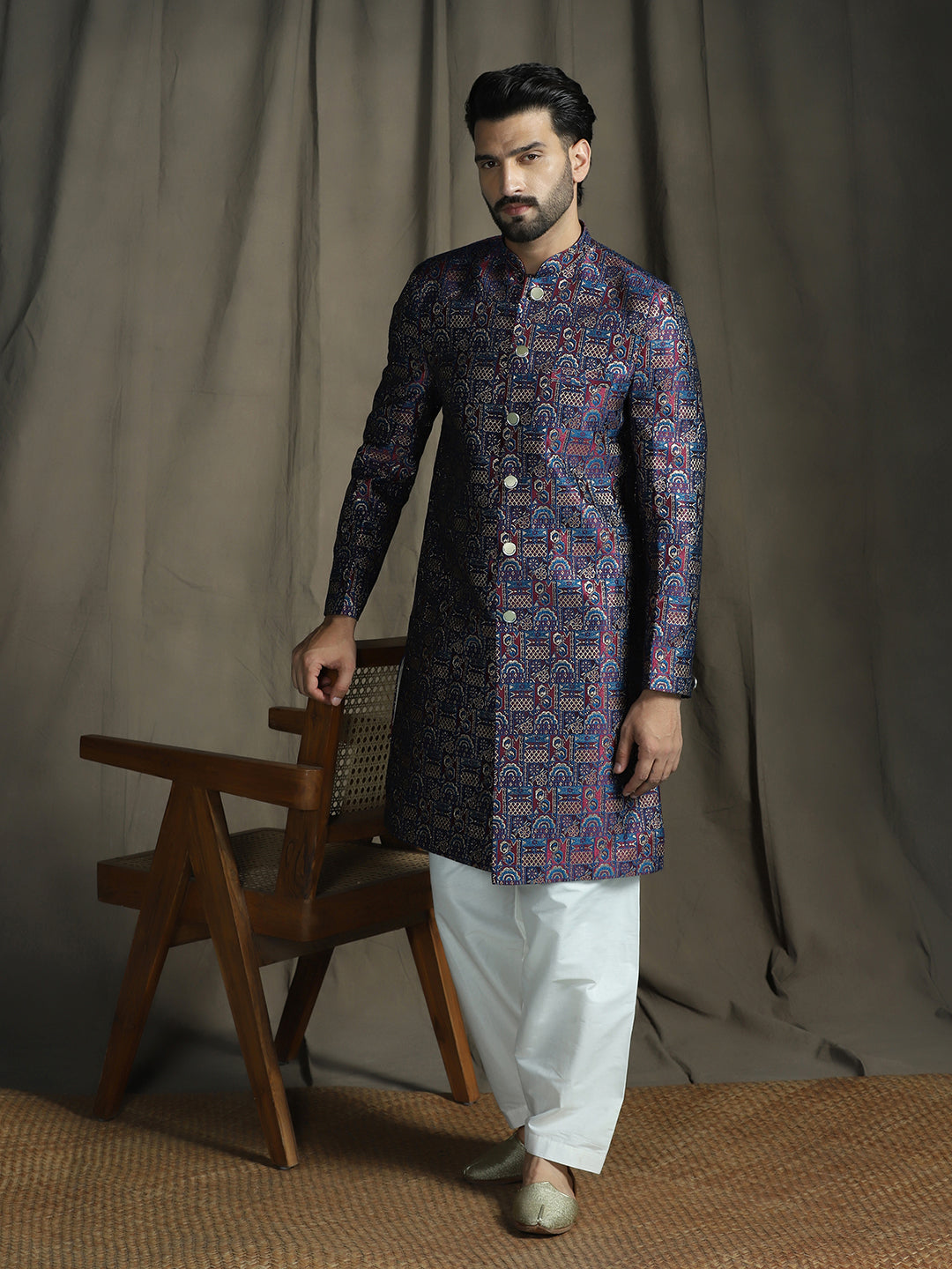 Zavaya Navy Blue Embroidery Jacquard Sherwani Patiala Set for Men | Grocsy