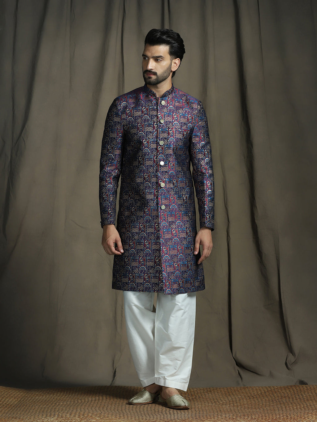 Zavaya Navy Blue Embroidery Jacquard Sherwani Patiala Set for Men | Grocsy