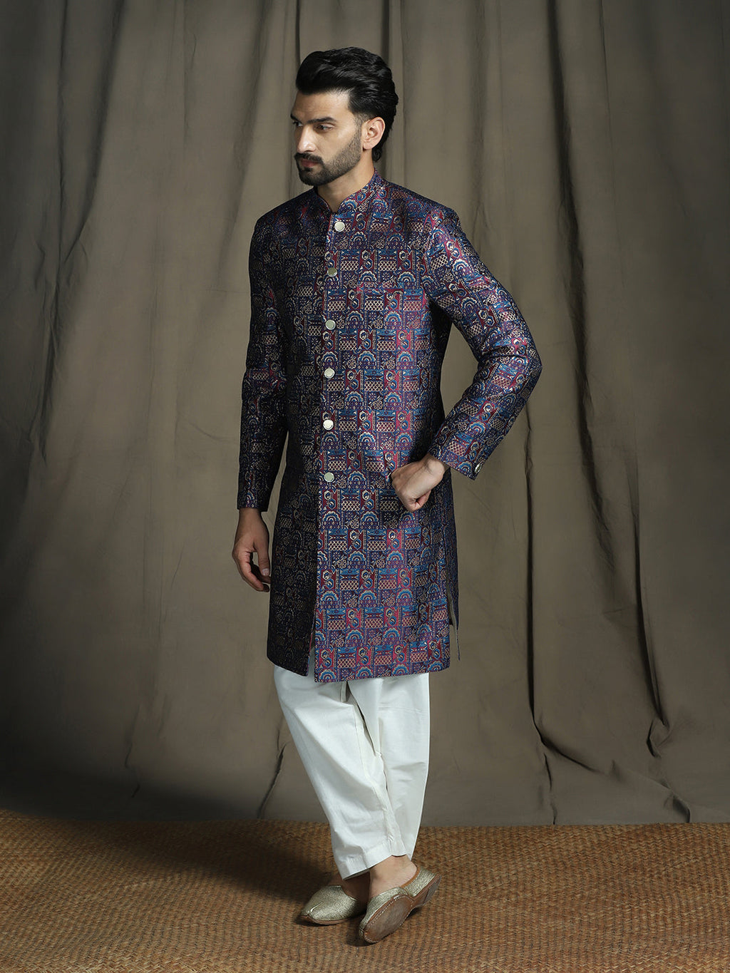 Zavaya Navy Blue Embroidery Jacquard Sherwani Patiala Set for Men | Grocsy