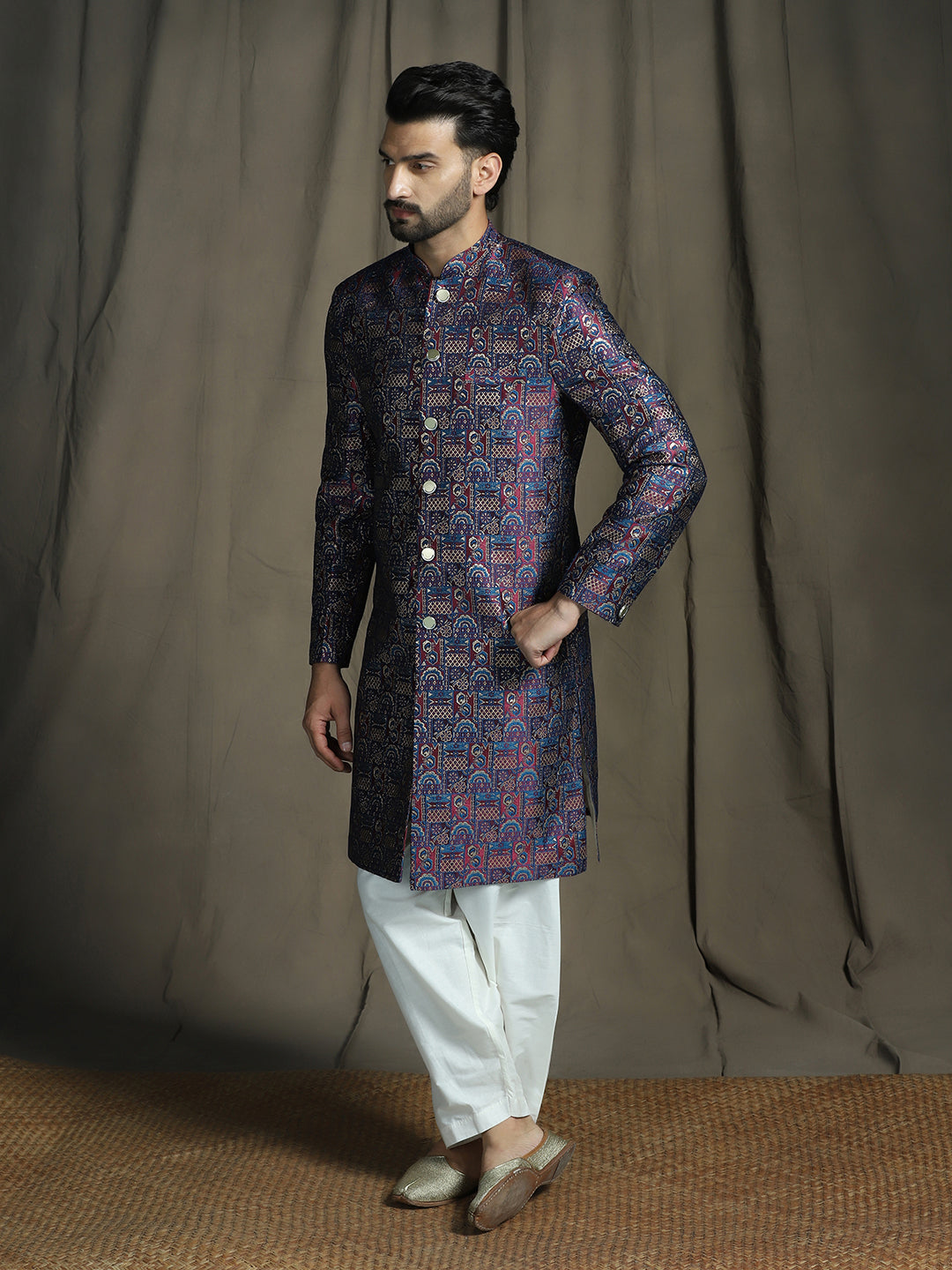 Zavaya Navy Blue Embroidery Jacquard Sherwani Patiala Set for Men | Grocsy