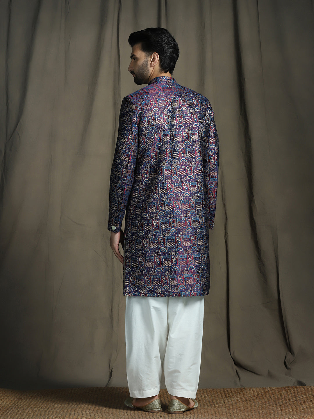 Zavaya Navy Blue Embroidery Jacquard Sherwani Patiala Set for Men | Grocsy