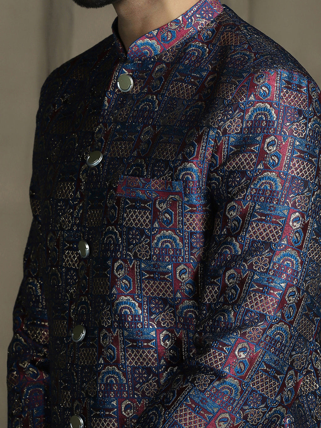 Zavaya Navy Blue Embroidery Jacquard Sherwani Patiala Set for Men | Grocsy