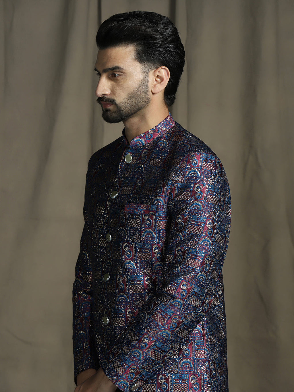 Zavaya Navy Blue Embroidery Jacquard Sherwani Patiala Set for Men | Grocsy