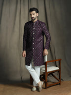 Zavaya Purple Embroidery Jacquard Sherwani Pyjama Set for Men | Grocsy