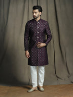 Zavaya Purple Embroidery Jacquard Sherwani Pyjama Set for Men | Grocsy