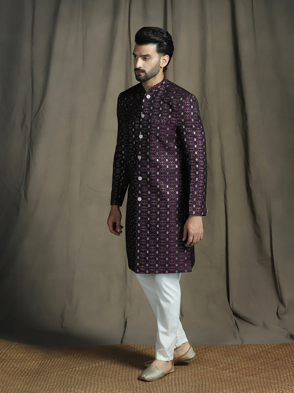 Zavaya Purple Embroidery Jacquard Sherwani Pyjama Set for Men | Grocsy