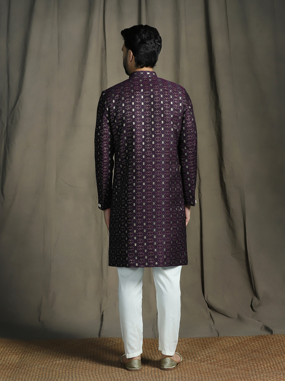 Zavaya Purple Embroidery Jacquard Sherwani Pyjama Set for Men | Grocsy