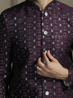 Zavaya Purple Embroidery Jacquard Sherwani Pyjama Set for Men | Grocsy