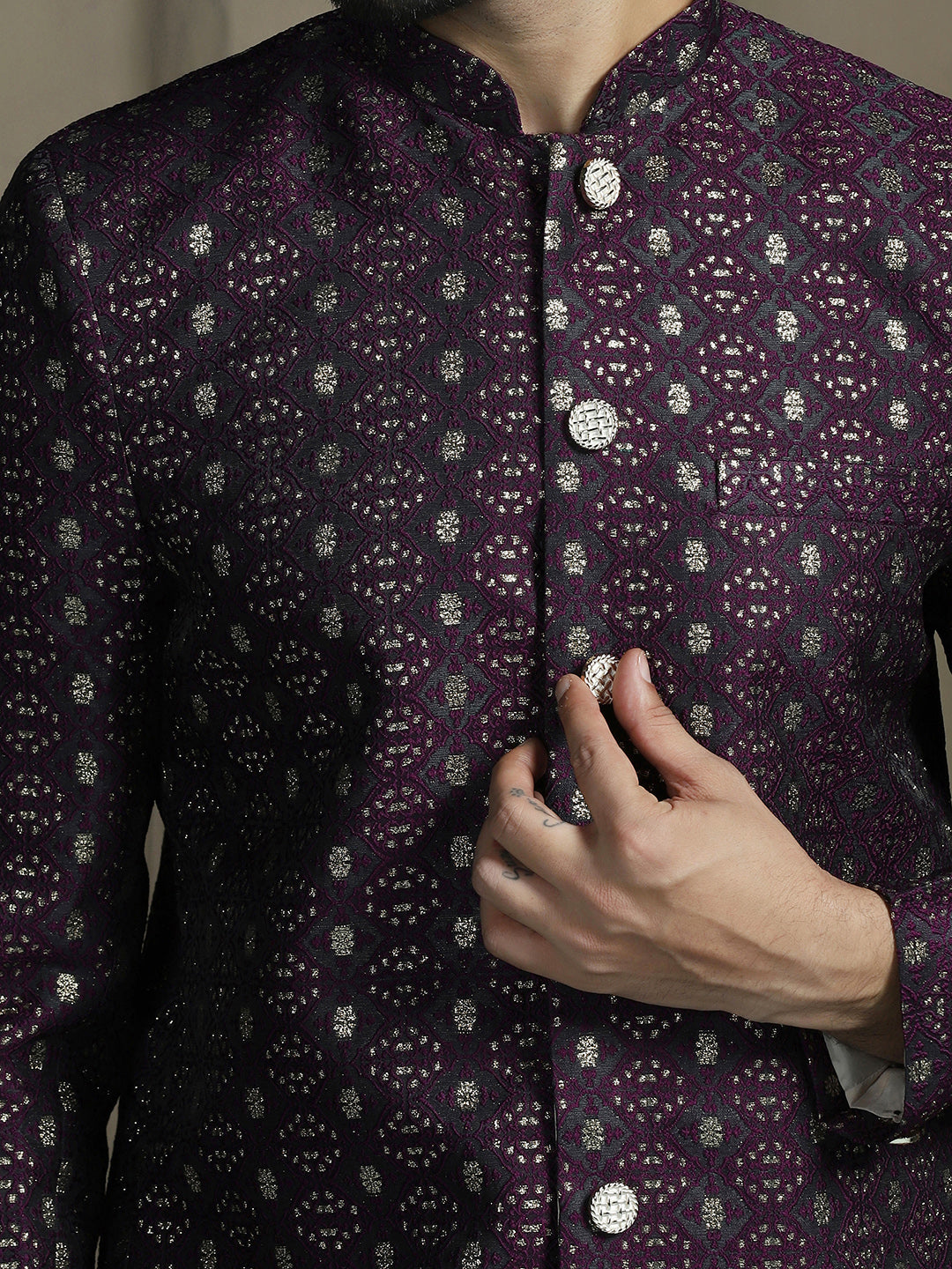 Zavaya Purple Embroidery Jacquard Sherwani Pyjama Set for Men | Grocsy
